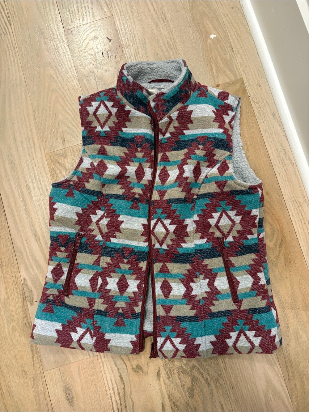 Aztec-Print Fleece Vest in Burgundy, Teal & Cream